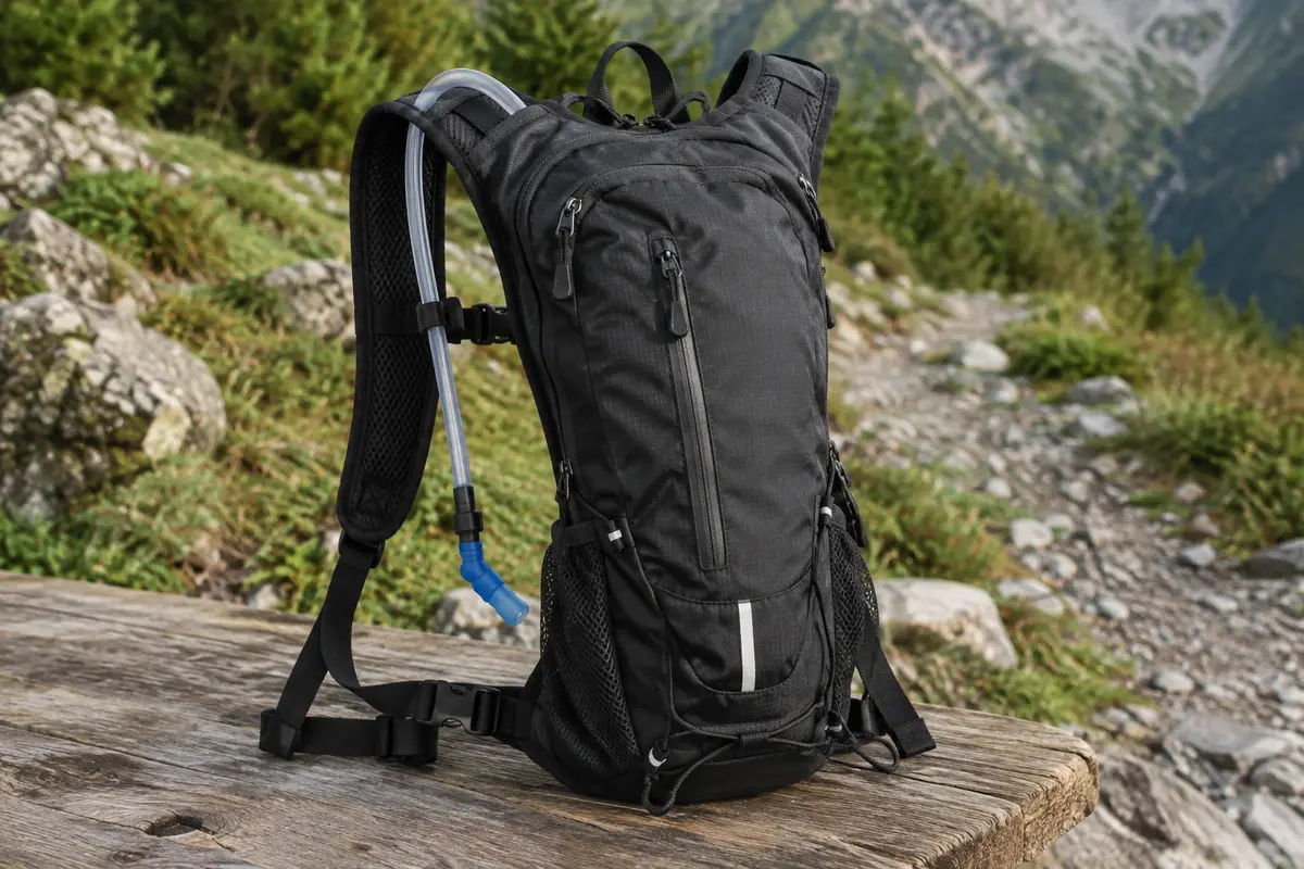 Sac à dos d’hydratation noir avec tuyau, poches et bretelles réglables posé sur une table en bois