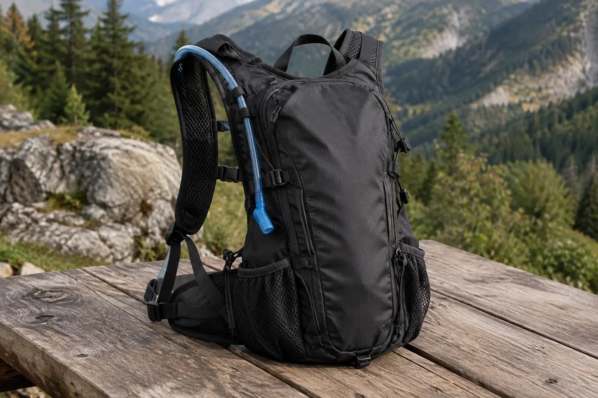 Sac à dos d’hydratation noir avec bretelles en mesh, tube d’eau et poches latérales en filet