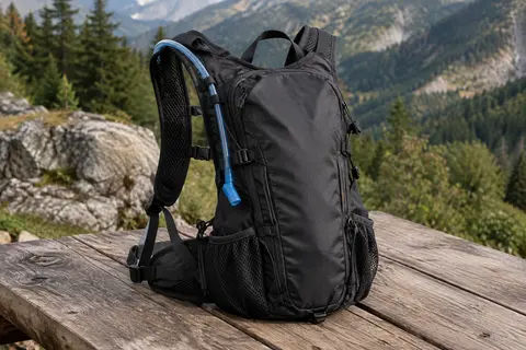 Sac à dos d’hydratation noir avec bretelles en mesh, tube d’eau et poches latérales en filet