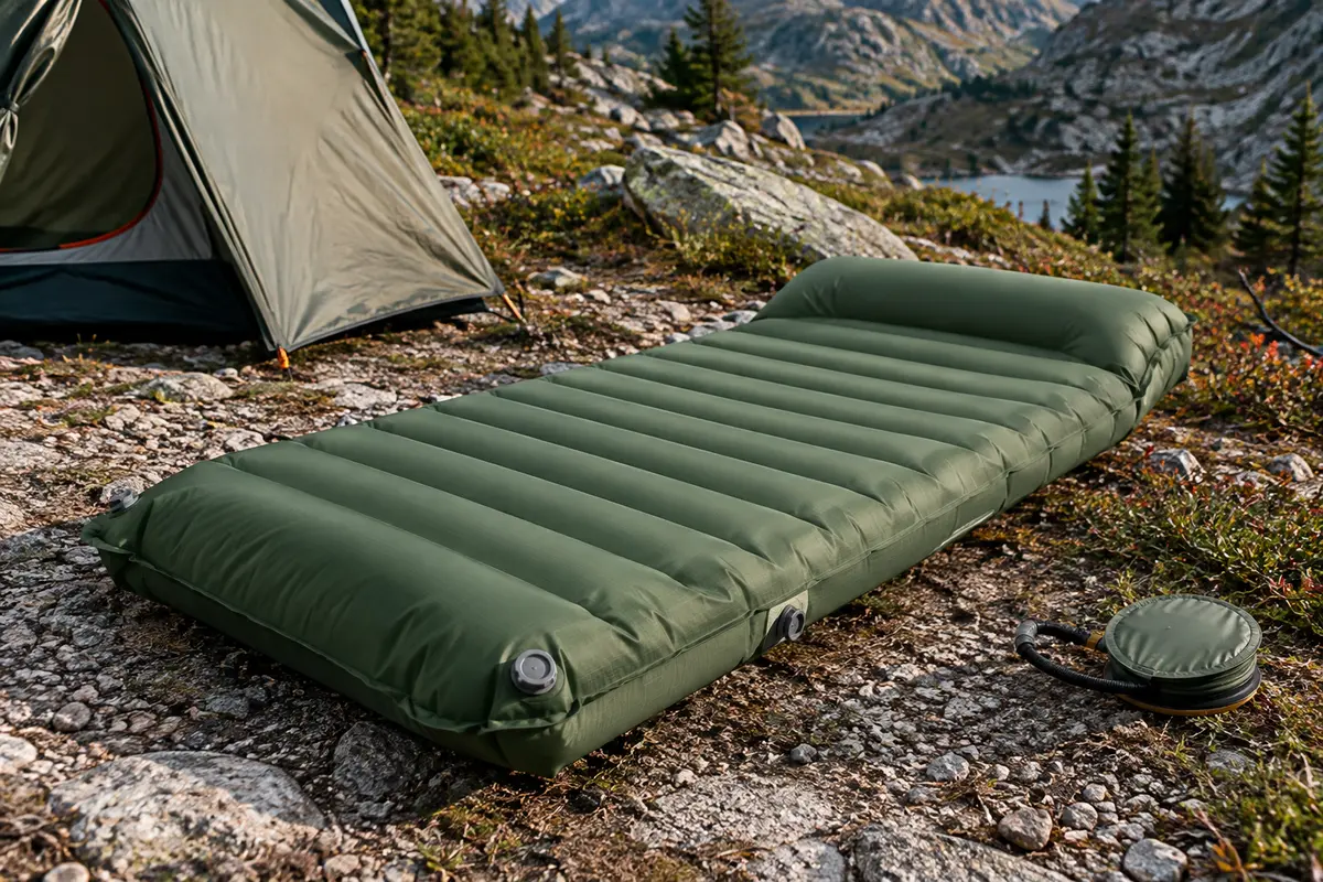 Matelas de randonnée vert gonflé, avec oreiller intégré et pompe au pied, posé sur un sol minéral.