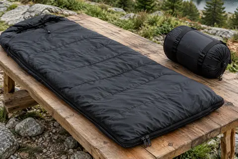 Sac de couchage rectangulaire noir MalloMe et sac de compression posés sur une table de bivouac en bois