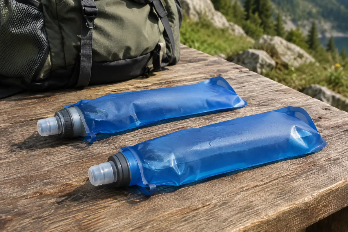 Deux flasques souples bleues de 500 ml posées sur une table de bivouac en bois