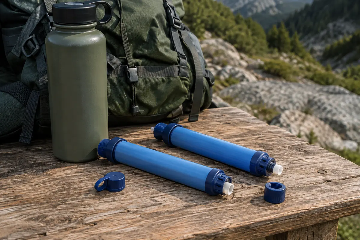 Deux pailles filtrantes bleues posées sur une table de bivouac en bois près d’un sac de randonnée.