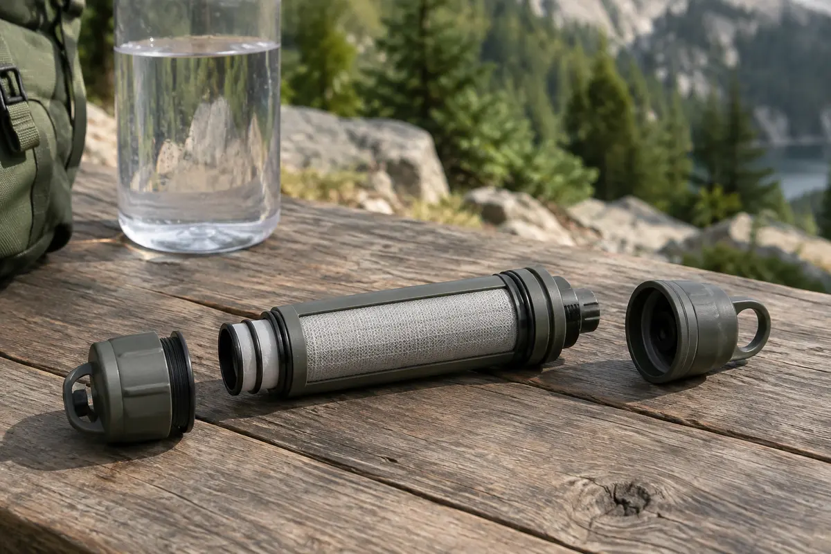 Paille filtrante WS02 démontable posée sur une table de bivouac en bois brut près d’une bouteille.