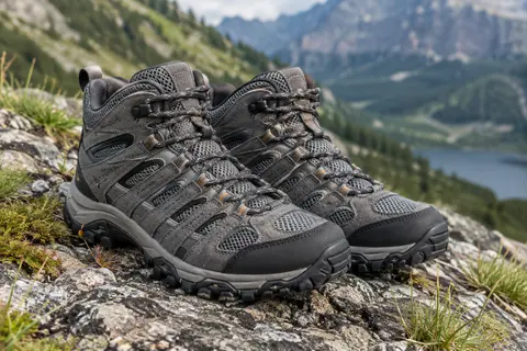 Chaussures de randonnée montantes grises en cuir et maille, avec semelle extérieure en caoutchouc