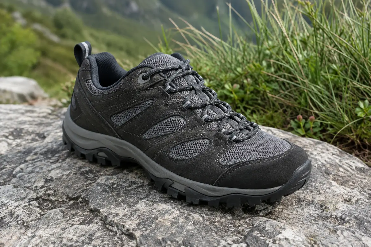 Chaussure basse de randonnée noire et grise en cuir suédé et maille, posée sur une dalle de pierre en montagne.