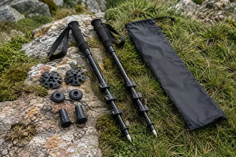 Deux bâtons de randonnée pliables noirs avec poignées en mousse, accessoires de terrain et sac de rangement.