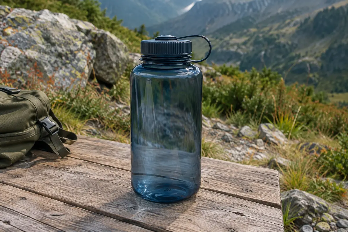 Gourde Nalgene bleu ardoise à grande ouverture posée sur une table de bivouac en bois brut