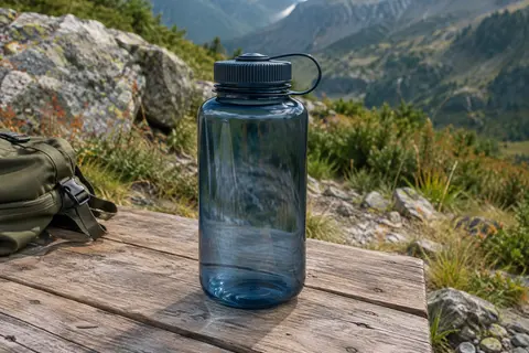 Gourde Nalgene bleu ardoise à grande ouverture posée sur une table de bivouac en bois brut