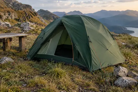 Tente dôme Naturehike vert forêt montée sur un sol minéral et herbeux en montagne
