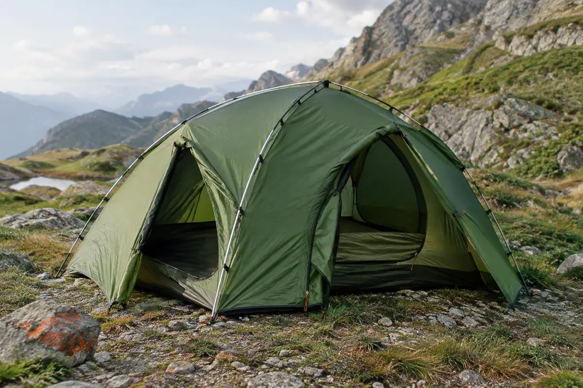 Tente dôme verte pour deux personnes installée sur un terrain minéral et herbeux en montagne