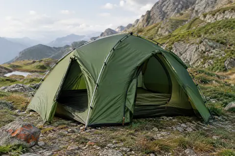 Tente dôme verte pour deux personnes installée sur un terrain minéral et herbeux en montagne