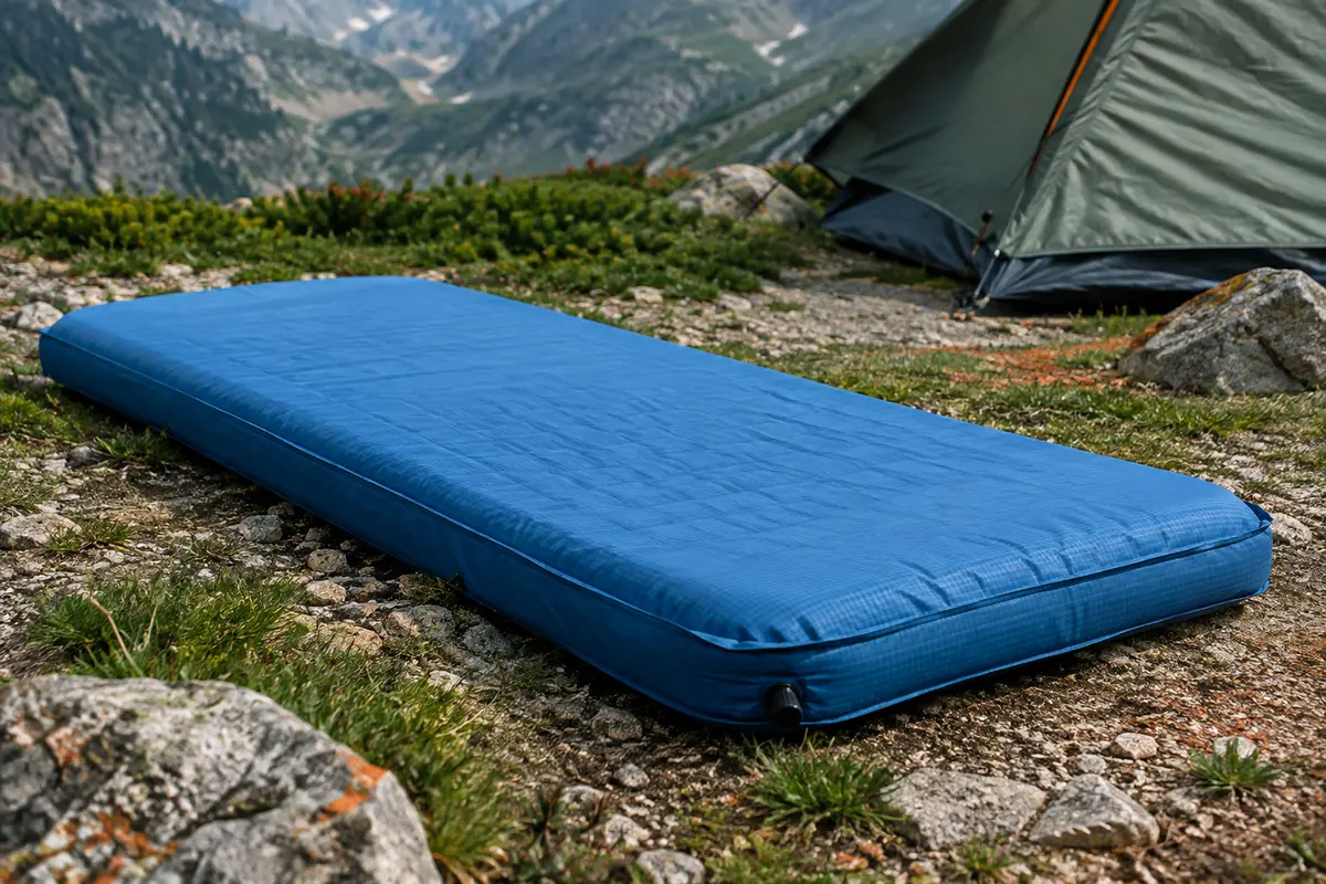 Matelas de randonnée bleu déplié sur un sol minéral, montrant sa surface épaisse et sa texture ripstop.