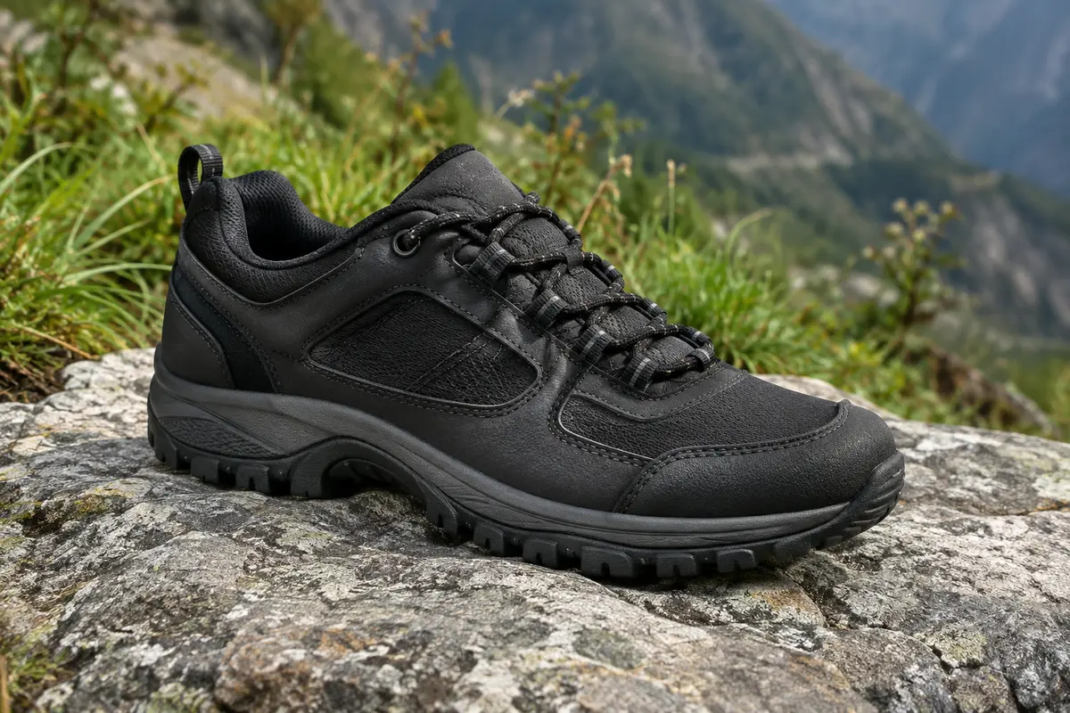 Chaussure de randonnée basse noire en simili cuir et nylon, posée sur une pierre grise en montagne