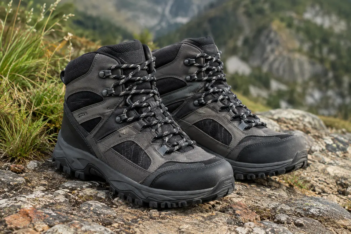 Chaussures de randonnée mi-hautes noires et grises avec lacets, embout renforcé et semelle à reliefs.