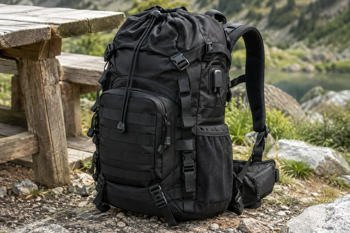 Sac à dos de randonnée noir de 80 L avec poches, attaches MOLLE et port USB extérieur