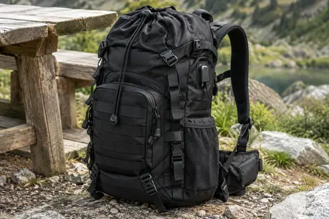 Sac à dos de randonnée noir de 80 L avec poches, attaches MOLLE et port USB extérieur