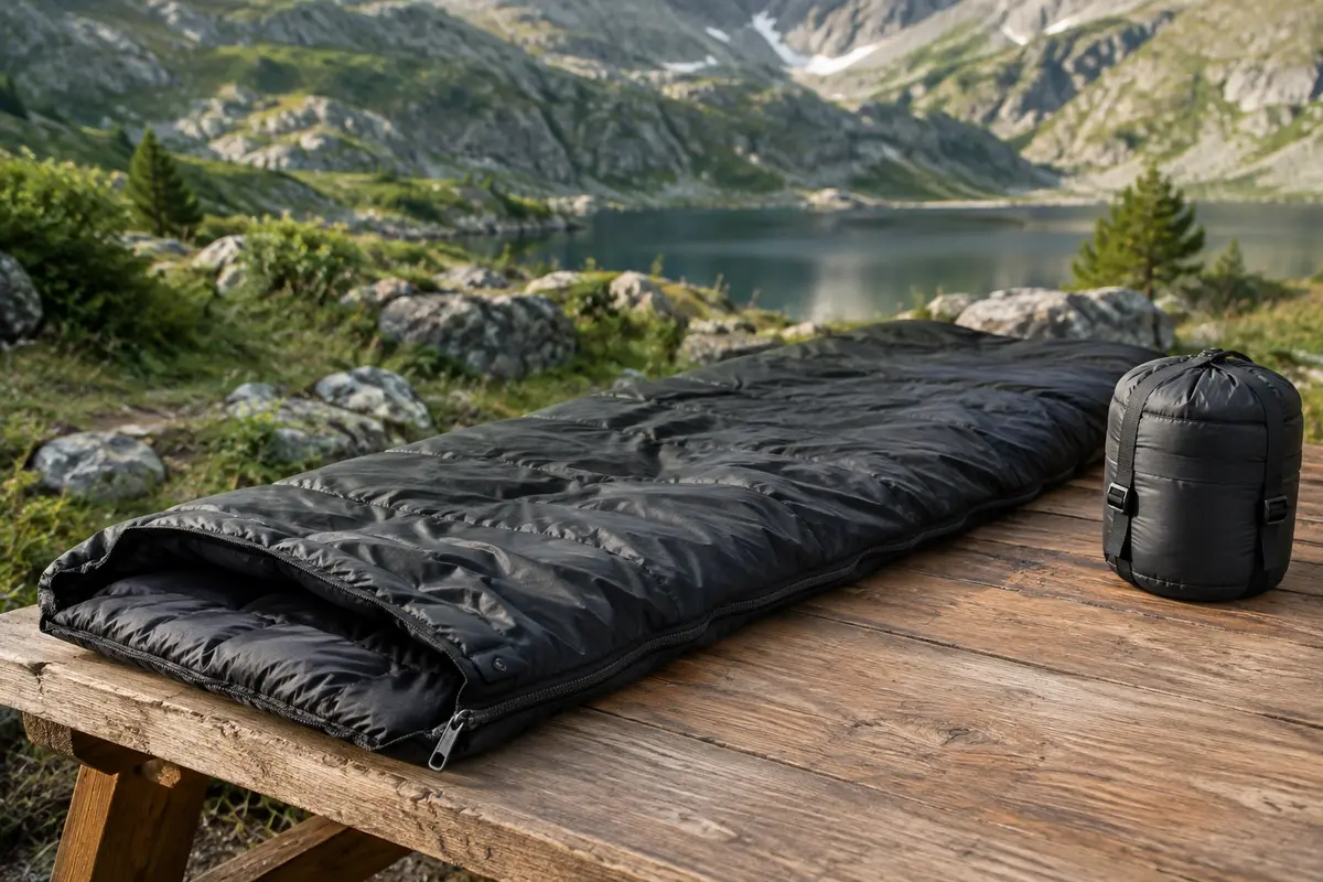 Sac de couchage rectangulaire noir déplié sur une table de bivouac en bois, avec son sac de compression