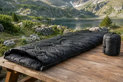 Sac de couchage rectangulaire noir déplié sur une table de bivouac en bois, avec son sac de compression