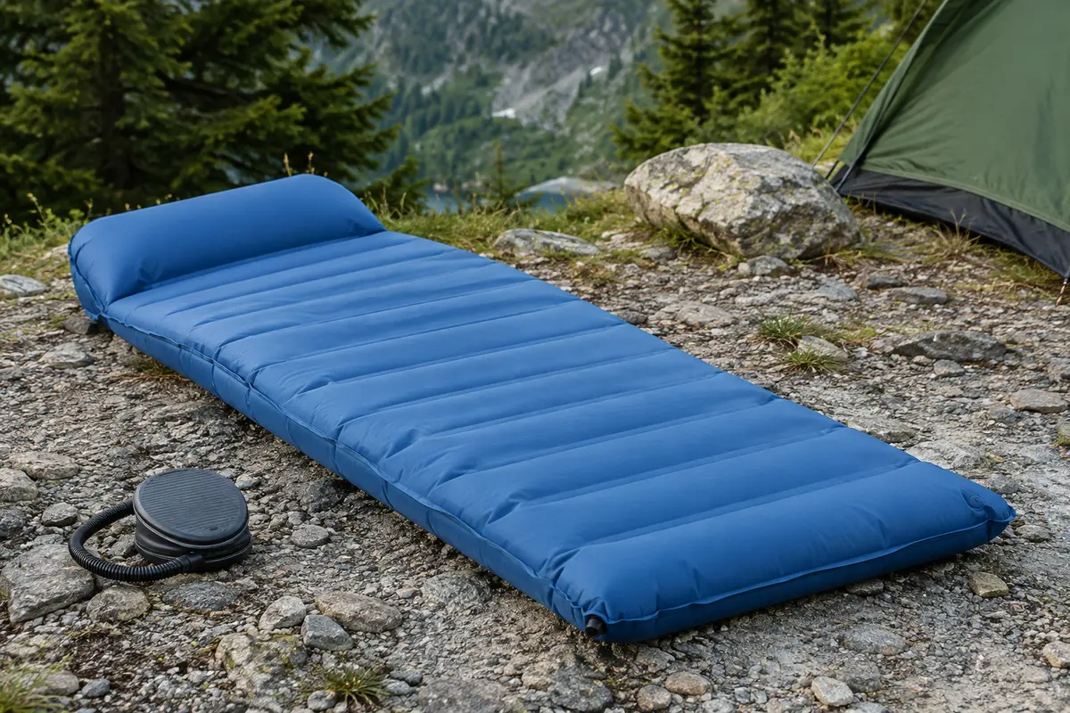 Matelas de randonnée gonflable bleu, épais et large, installé sur un sol minéral au bivouac