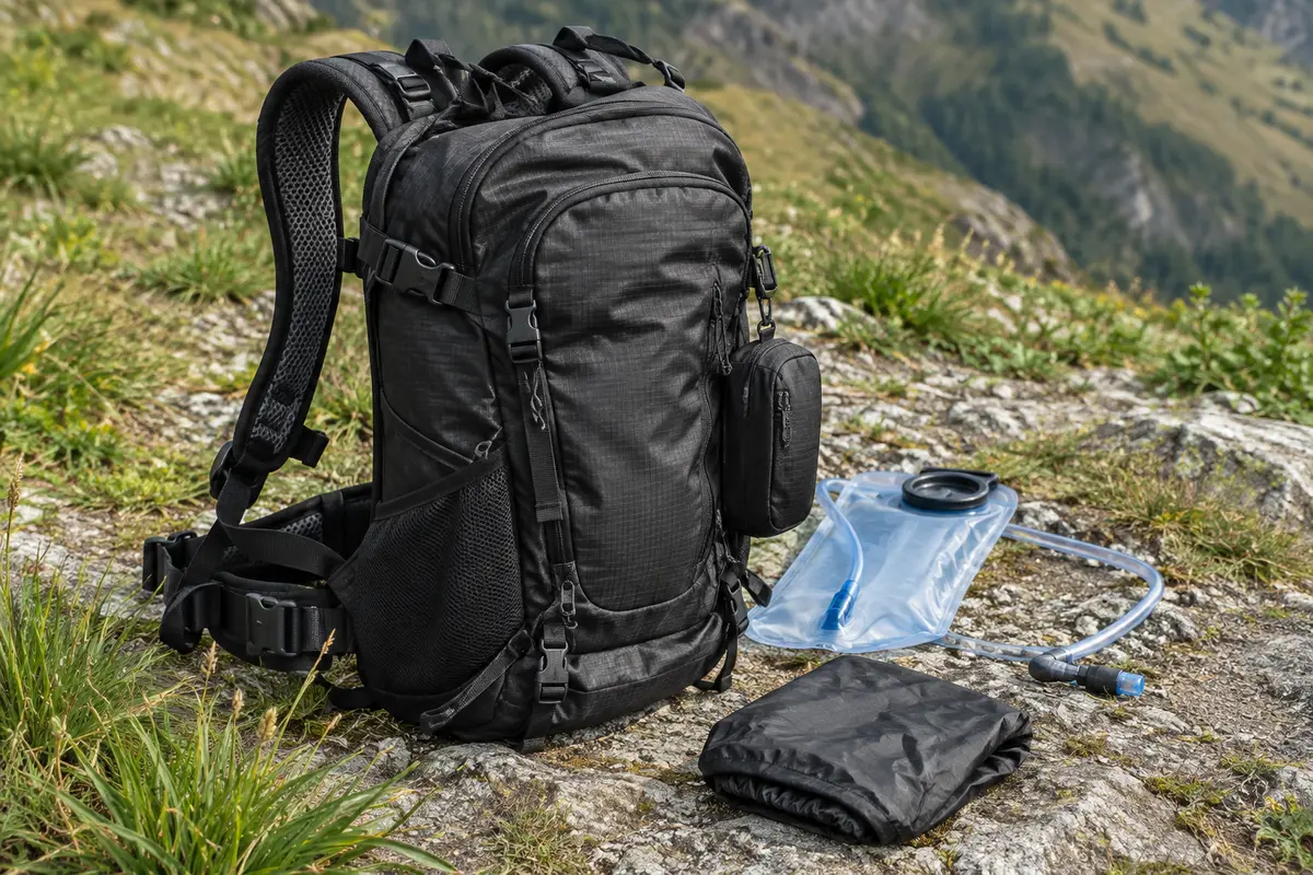 Sac à dos d’hydratation noir avec poche à eau, rangements multiples et housse de pluie en montagne