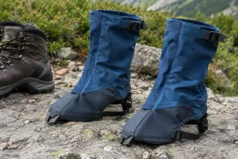 Guêtres basses de trail bleues avec crochet avant, sangle sous le pied et attaches réglables