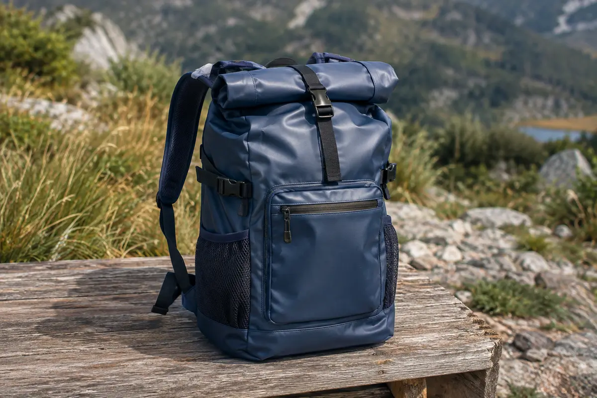 Sac à dos étanche bleu foncé à fermeture roll-top posé sur une table de bivouac en bois brut.