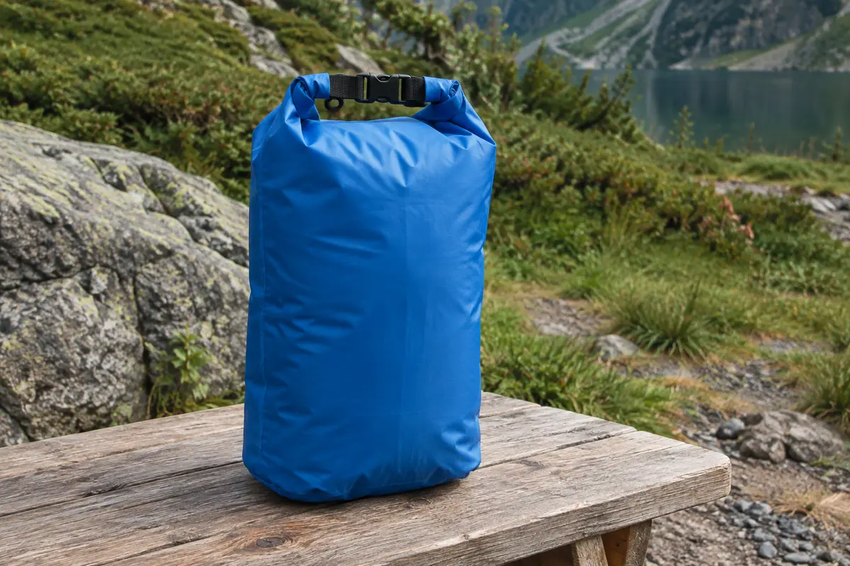 Sac étanche bleu de 20 L posé sur une table de bivouac en bois, fermeture à enrouler visible