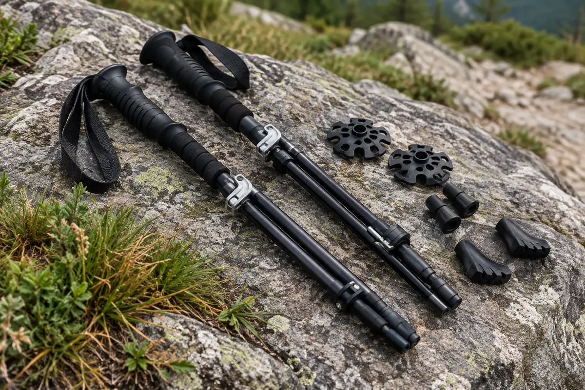 Paire de bâtons de trekking pliables noirs avec poignées rainurées et accessoires sur un sol minéral