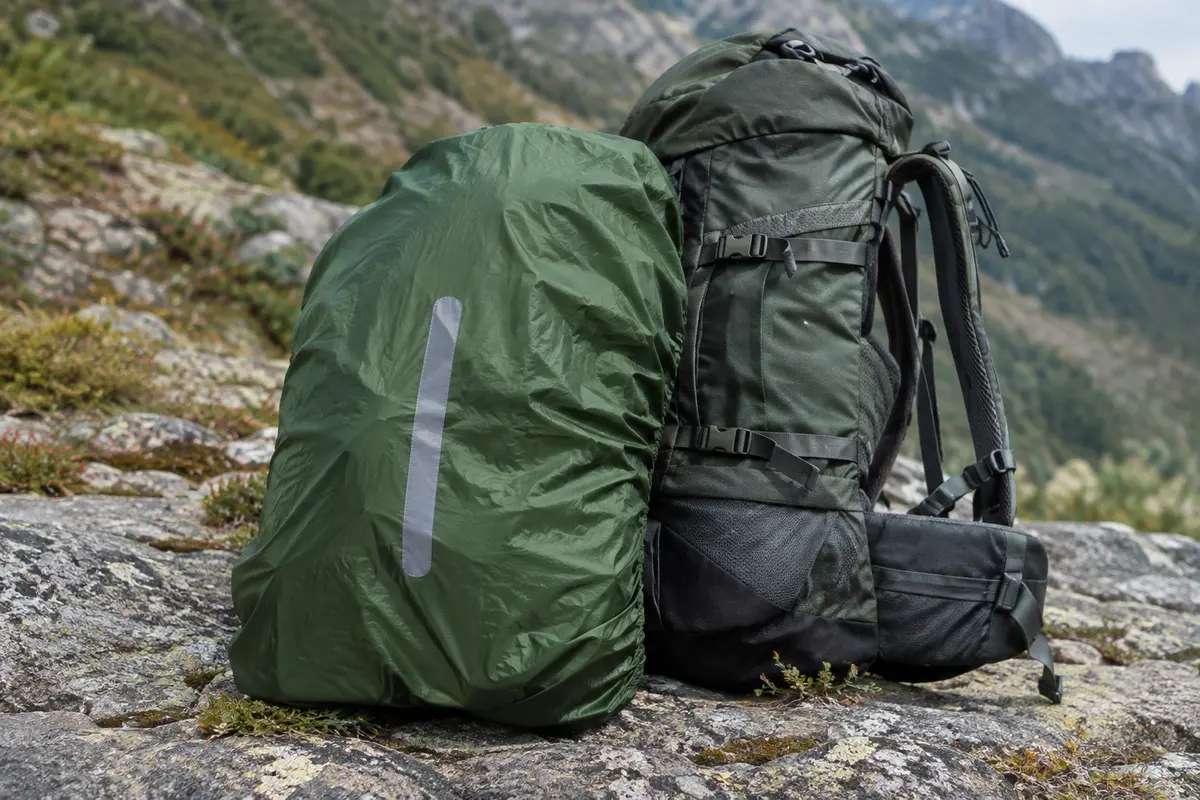 Housse de pluie verte pour sac à dos, avec bande réfléchissante et sangle extensible, posée sur un sol minéral.