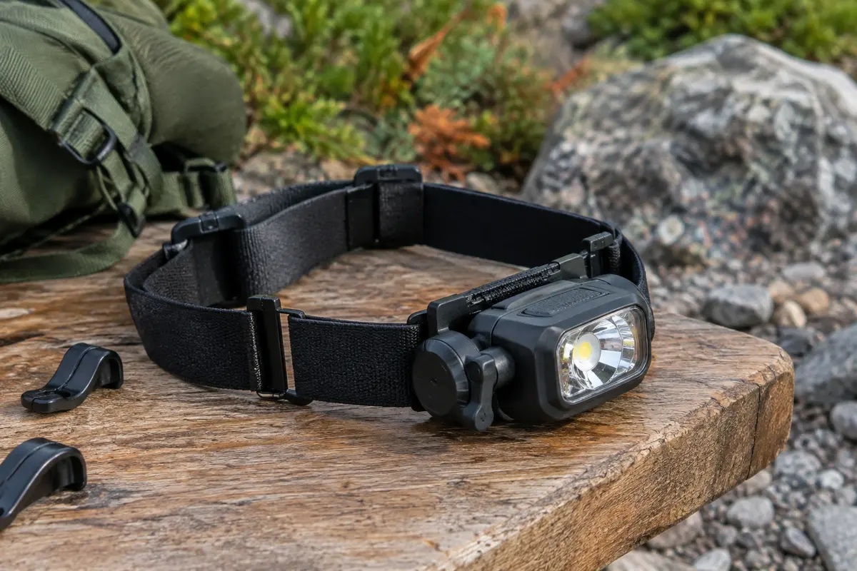 Lampe frontale noire rechargeable posée sur une table de bivouac, avec bandeau élastique et clips de fixation.