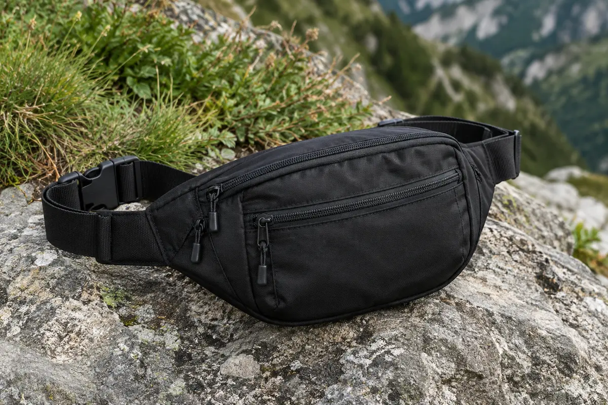 Sac banane ProCase en nylon noir posé sur une roche, avec ses poches zippées et sa ceinture réglable.