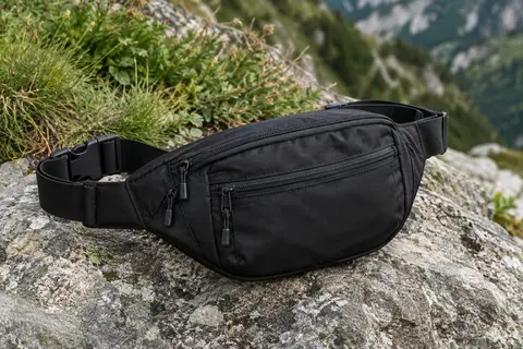 Sac banane ProCase en nylon noir posé sur une roche, avec ses poches zippées et sa ceinture réglable.
