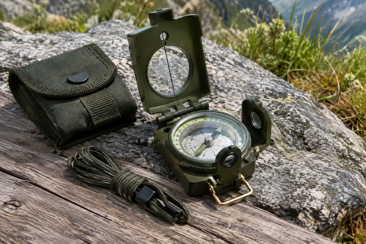 Boussole de randonnée verte avec visée optique, clinomètre, housse et lanière sur une table en bois brut