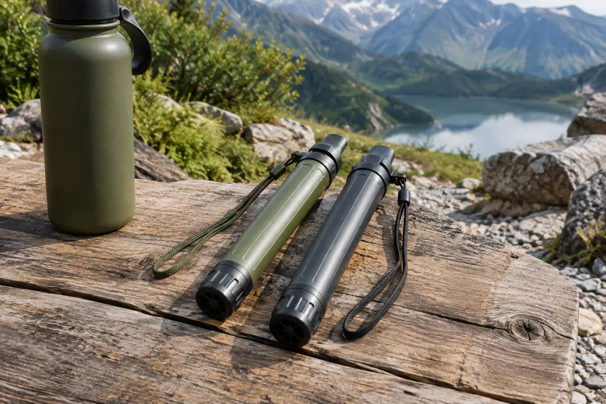 Deux pailles filtrantes portables Purewell posées sur une table de bivouac en bois brut