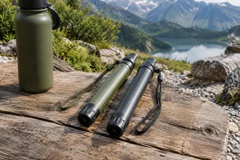 Deux pailles filtrantes portables Purewell posées sur une table de bivouac en bois brut