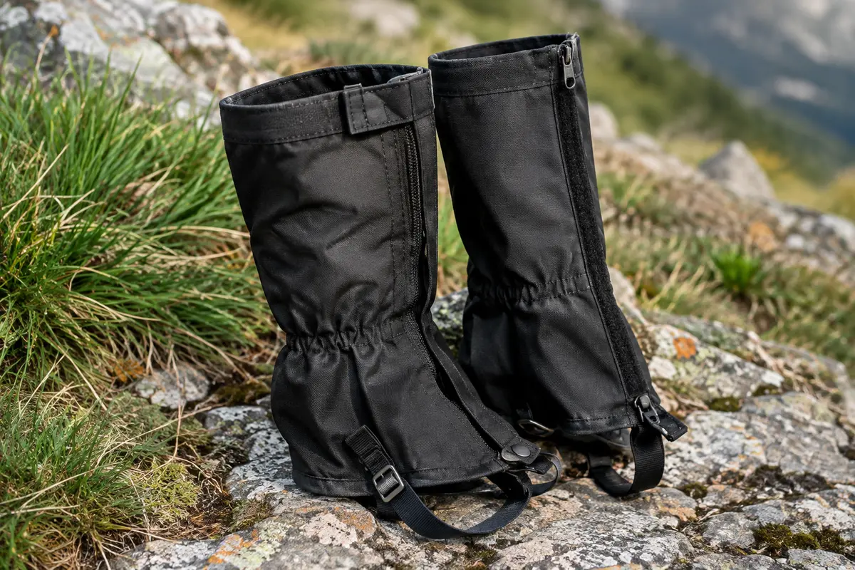Guêtres de randonnée noires en tissu Oxford avec zip, fermeture auto-agrippante et sangles réglables