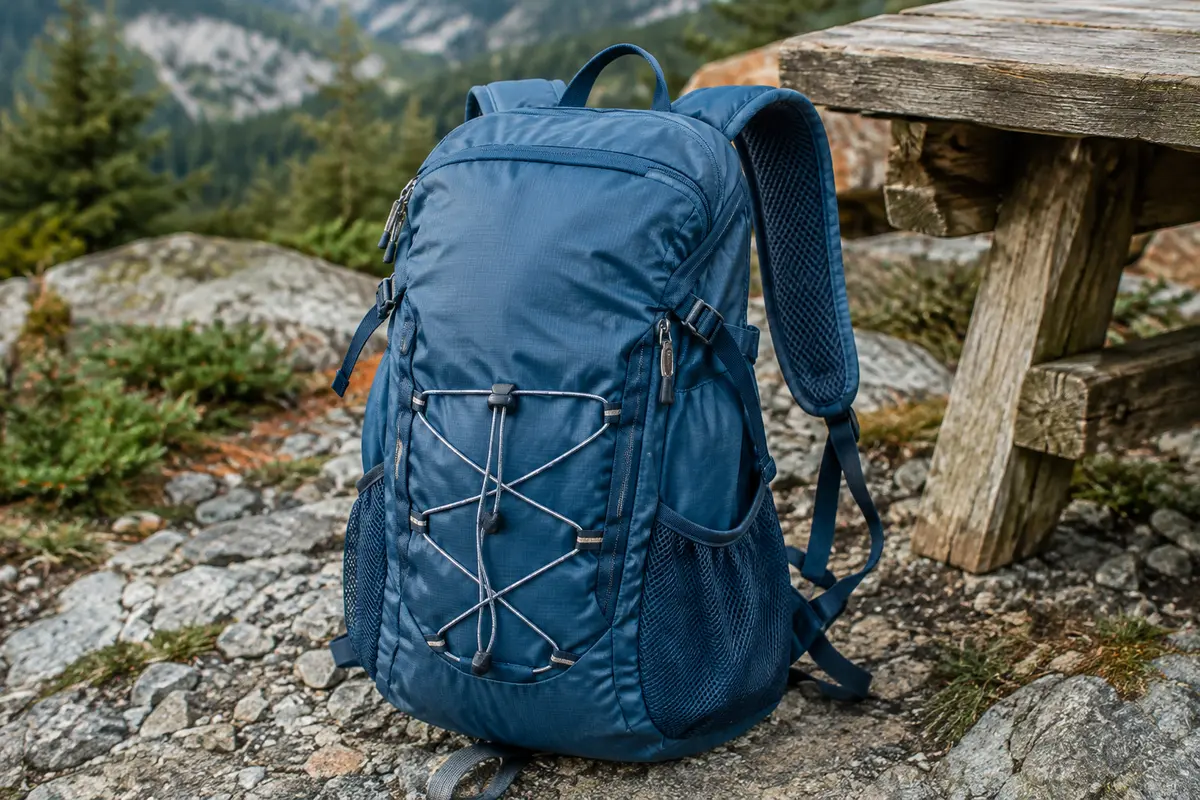 Sac à dos de randonnée pliable bleu avec poches zippées, bretelles rembourrées et cordon réfléchissant