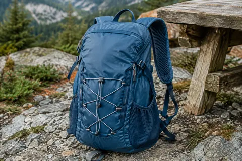 Sac à dos de randonnée pliable bleu avec poches zippées, bretelles rembourrées et cordon réfléchissant