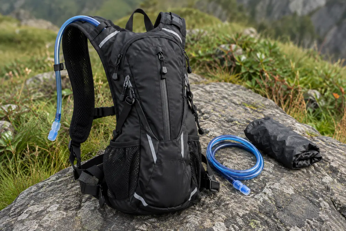 Sac d’hydratation noir avec poches zippées, poche à eau, sangles réfléchissantes et housse de pluie