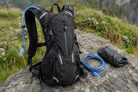 Sac d’hydratation noir avec poches zippées, poche à eau, sangles réfléchissantes et housse de pluie