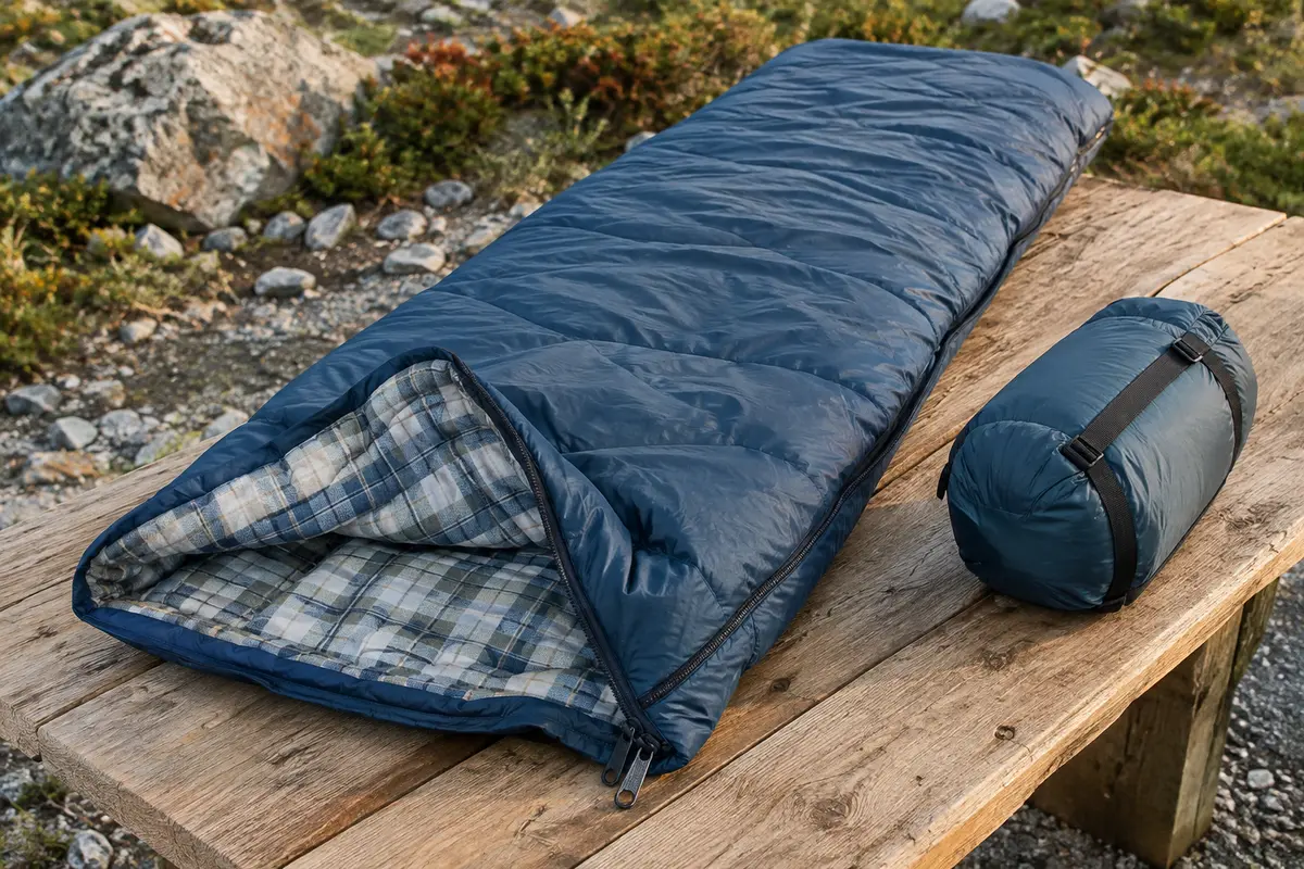 Sac de couchage bleu en flanelle déplié sur une table de bivouac, avec son sac de rangement compressible