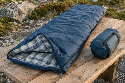 Sac de couchage bleu en flanelle déplié sur une table de bivouac, avec son sac de rangement compressible