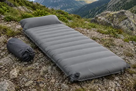 Matelas gonflable gris avec oreiller intégré installé sur un sol minéral de bivouac en montagne
