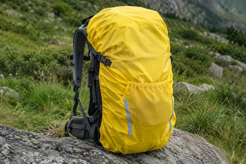 Housse de sac à dos jaune réfléchissante fixée sur un sac posé sur une pierre en extérieur