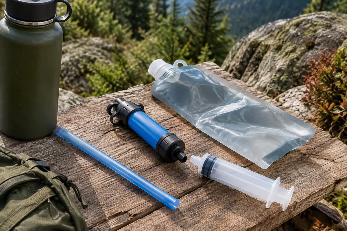 Filtre à eau bleu Sawyer Mini avec paille, poche à eau et seringue de nettoyage sur une table de bivouac