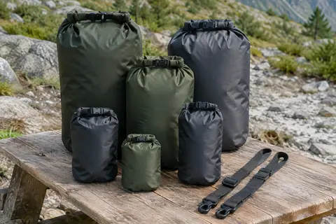 Six sacs étanches sombres de différents volumes avec deux bretelles réglables posés sur une table de bivouac