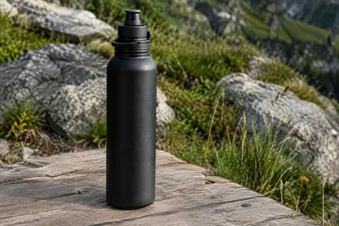 Gourde Sigg noire en aluminium avec bouchon sport, posée sur une table de bivouac en bois