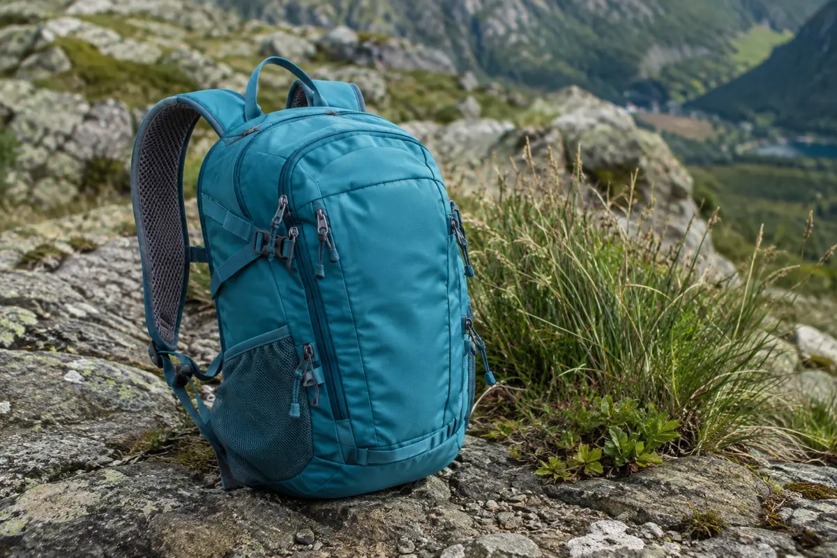 Sac à dos de randonnée cyan avec bretelles en maille, poches latérales et fermetures éclair