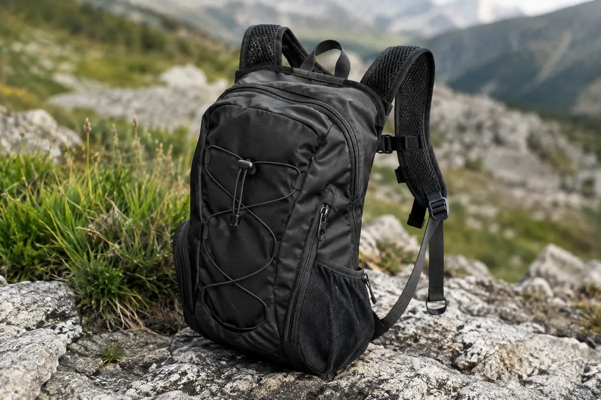 Sac à dos pliable noir de 20 litres posé sur un sol minéral, avec poche frontale à cordon et bretelles en mesh.